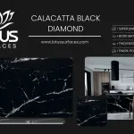Calacatta Black Diamond countertop slab sample at the Lotus Surfaces showroom in Norcross, GA