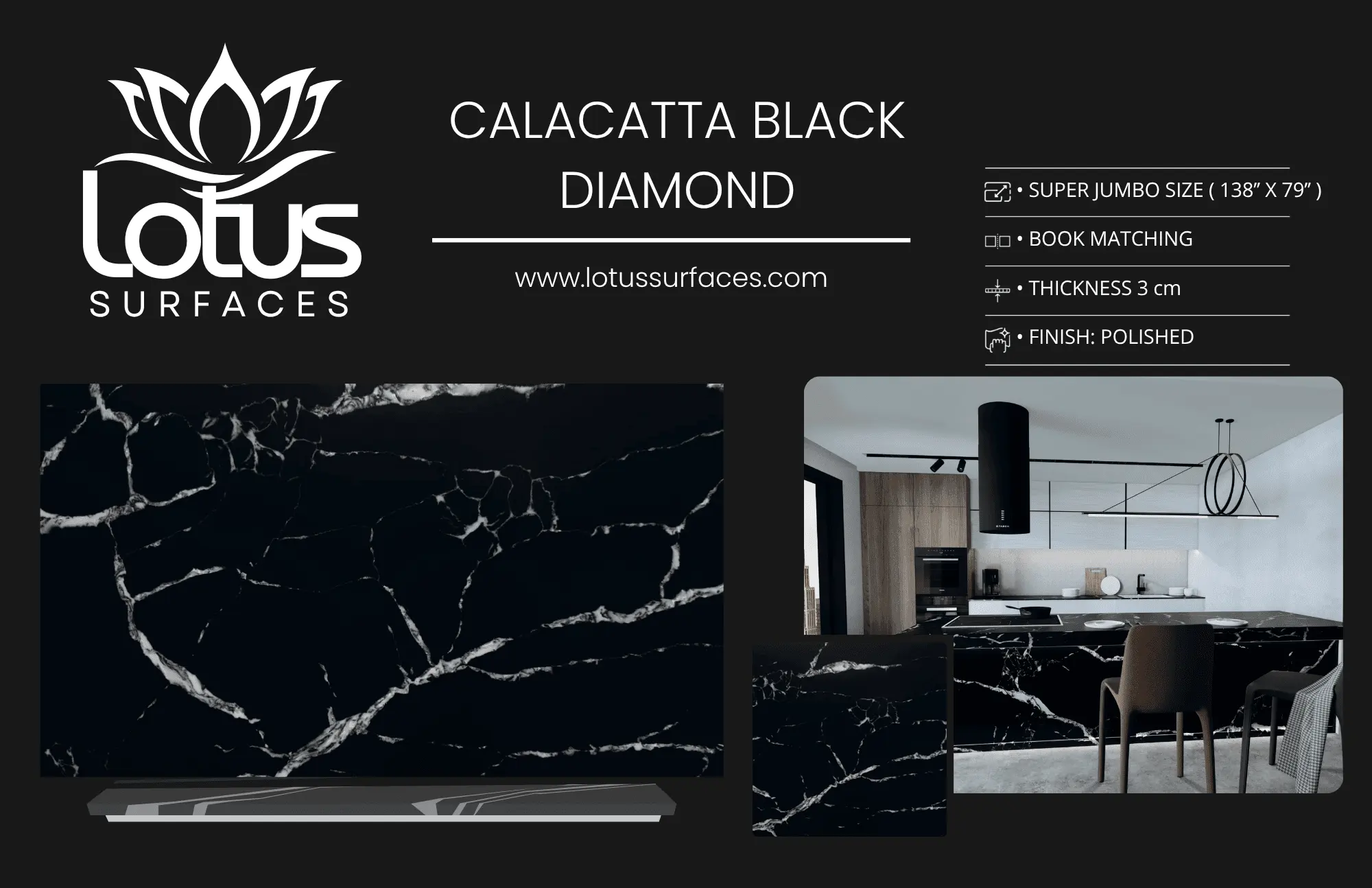 Calacatta Black Diamond countertop slab sample at the Lotus Surfaces showroom in Norcross, GA