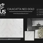 Calacatta Neo Gold countertop slab sample at the Lotus Surfaces showroom in Norcross, GA