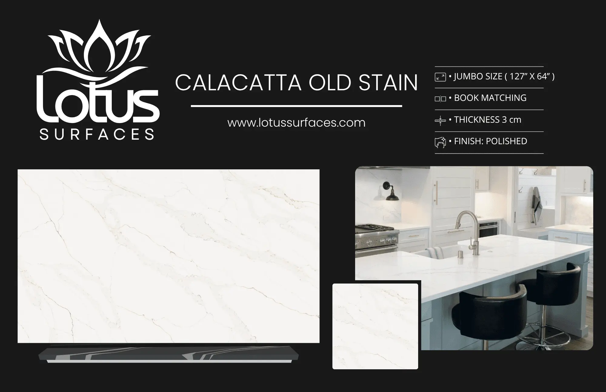 Calacatta Old Stain countertop slab sample at the Lotus Surfaces showroom in Norcross, GA