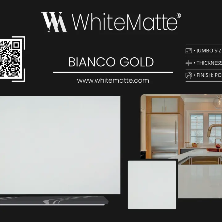 Bianco Gold countertop slab sample at the Lotus Surfaces showroom in Norcross, GA