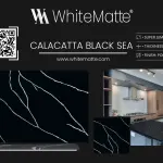 Calacatta Black Sea countertop slab sample at the Lotus Surfaces showroom in Norcross, GA