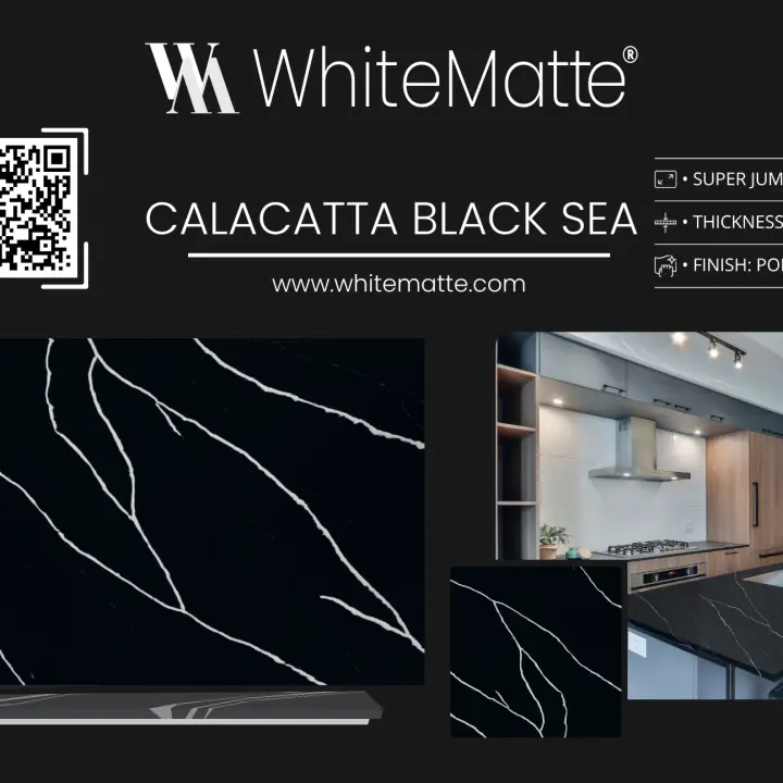 Calacatta Black Sea countertop slab sample at the Lotus Surfaces showroom in Norcross, GA