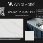 Calacatta Borghini countertop slab sample at the Lotus Surfaces showroom in Norcross, GA