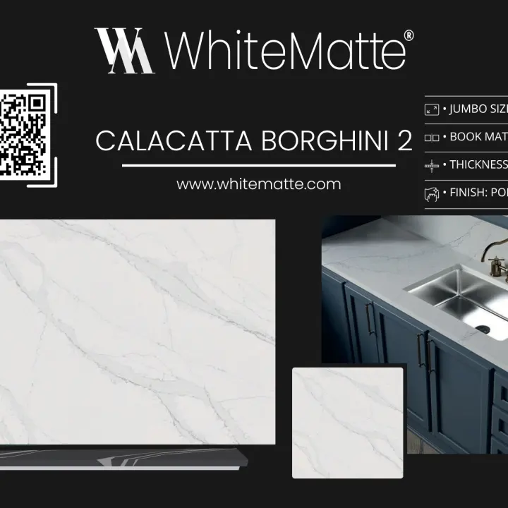 Calacatta Borghini countertop slab sample at the Lotus Surfaces showroom in Norcross, GA