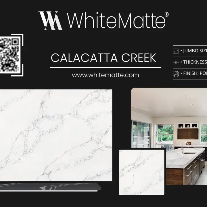 Calacatta Creek countertop slab sample at the Lotus Surfaces showroom in Norcross, GA