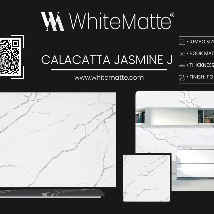 Calacatta Jasmine J countertop slab sample at the Lotus Surfaces showroom in Norcross, GA