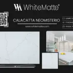 Calacatta Neomisterio countertop slab sample at the Lotus Surfaces showroom in Norcross, GA