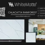 Calacatta Rainforest countertop slab sample at the Lotus Surfaces showroom in Norcross, GA