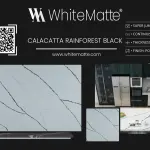 Calacatta Rainforest Black countertop slab sample at the Lotus Surfaces showroom in Norcross, GA