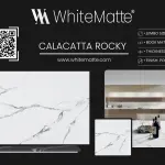 Calacatta Rocky countertop slab sample at the Lotus Surfaces showroom in Norcross, GA