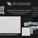 Calacatta Rocky Gold countertop slab sample at the Lotus Surfaces showroom in Norcross, GA