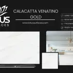 Calacatta Venatino Gold countertop slab sample at the Lotus Surfaces showroom in Norcross, GA