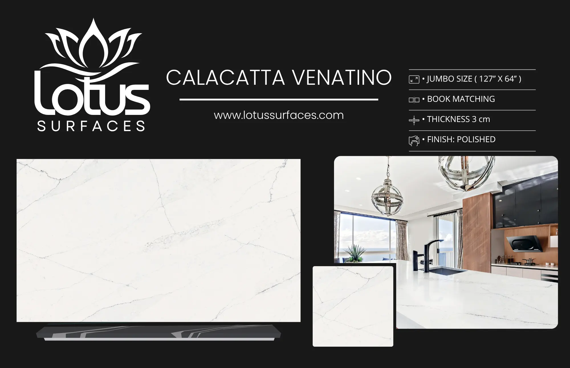 Calacatta Venatino countertop slab sample at the Lotus Surfaces showroom in Norcross, GA