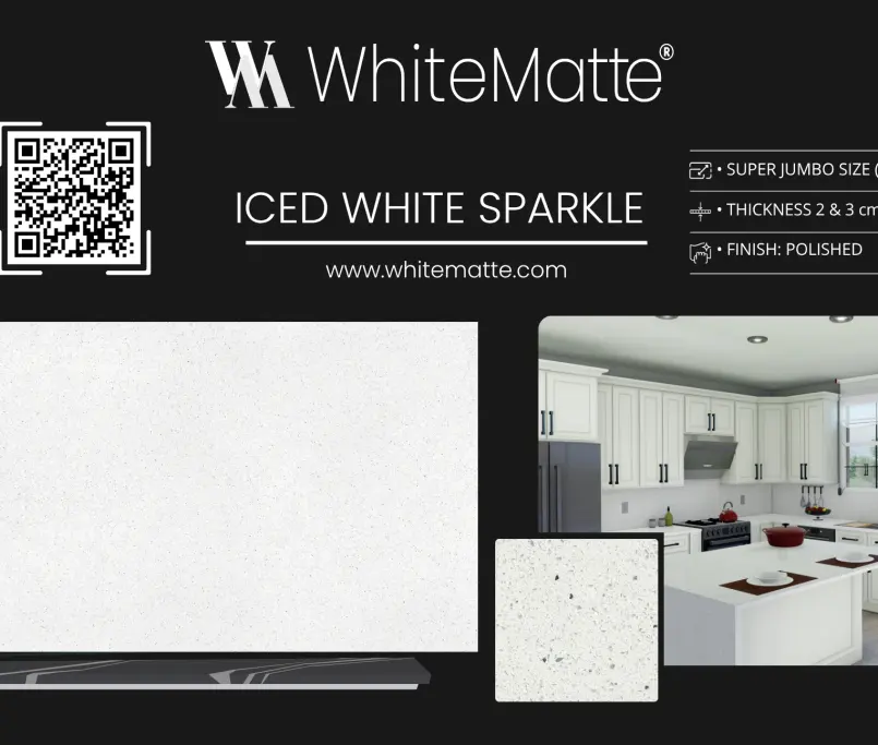 Iced White Sparkle countertop slab sample at the Lotus Surfaces showroom in Norcross, GA