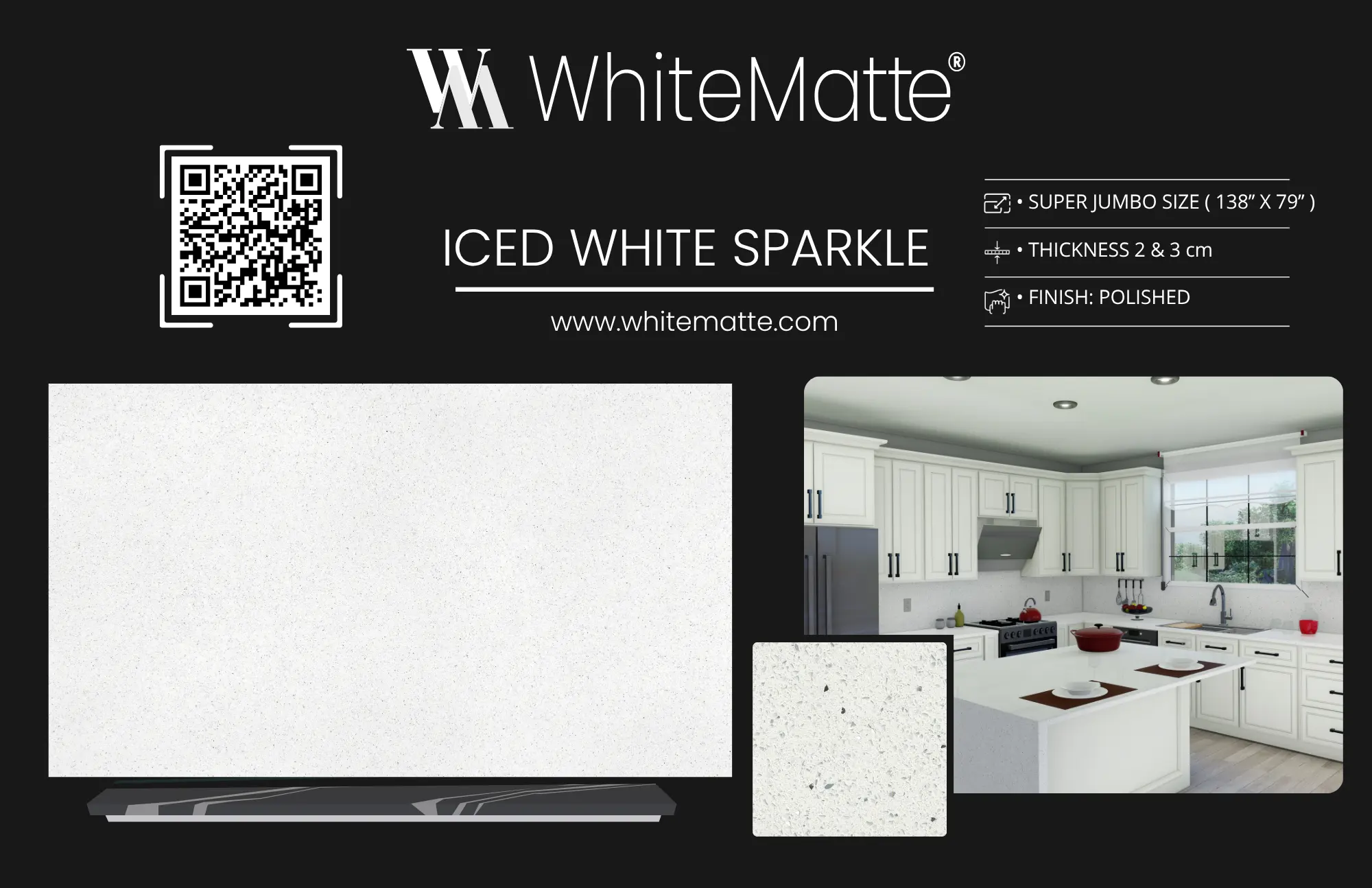Iced White Sparkle countertop slab sample at the Lotus Surfaces showroom in Norcross, GA