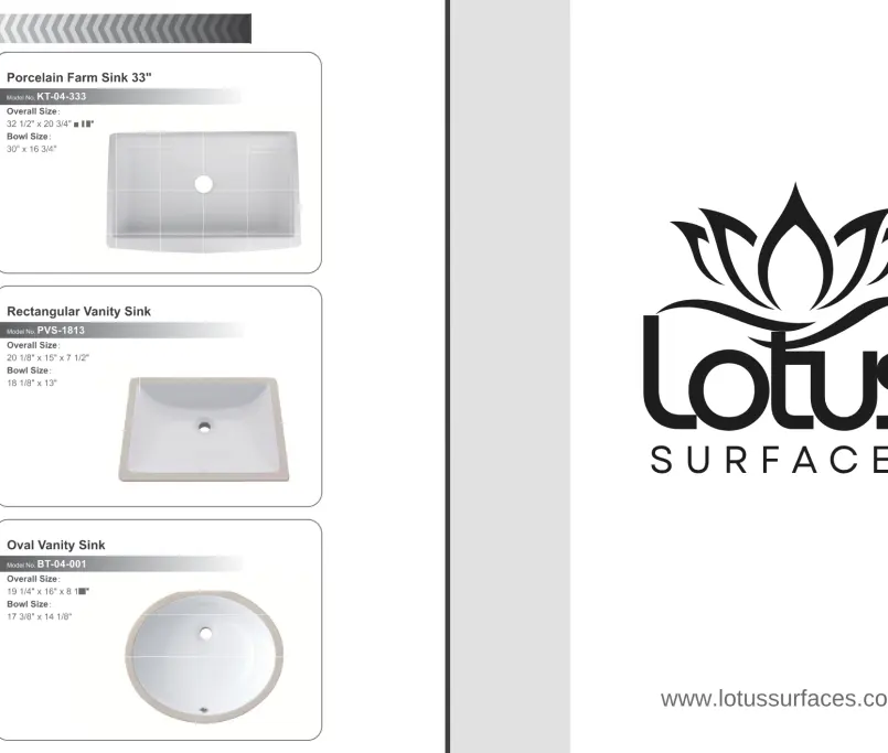 Lotus Surfaces sink catalog - undermount and top-mount kitchen and bathroom sink models