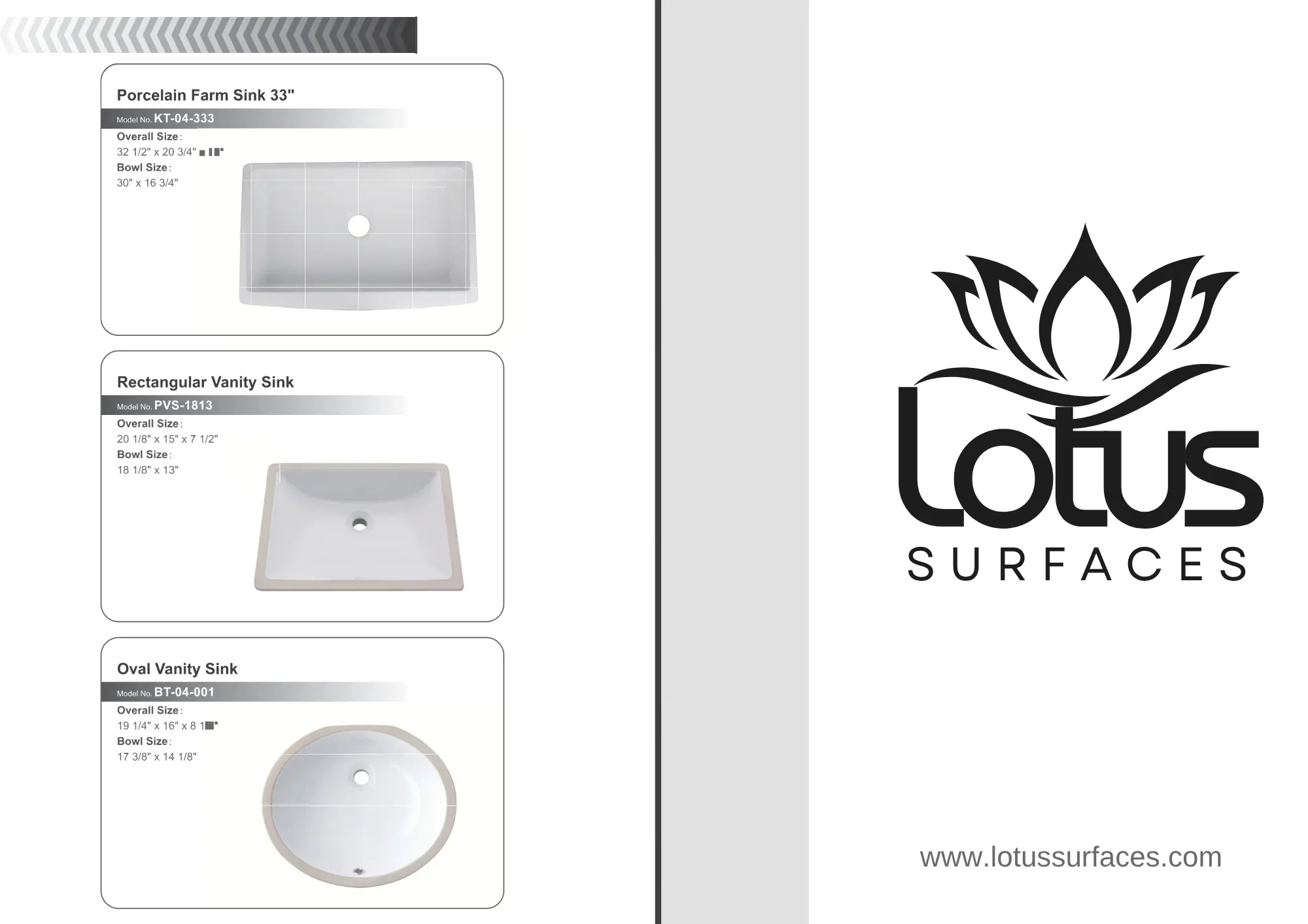 Lotus Surfaces sink catalog - undermount and top-mount kitchen and bathroom sink models