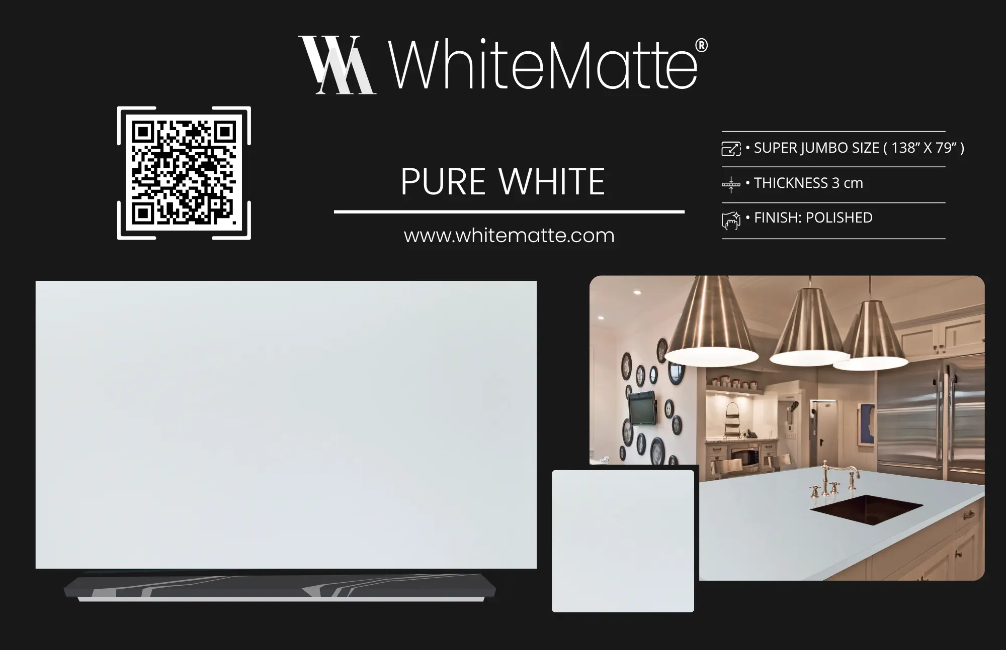 Pure White countertop slab sample at the Lotus Surfaces showroom in Norcross, GA
