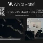 Stuaturio Black Gold countertop slab sample at the Lotus Surfaces showroom in Norcross, GA