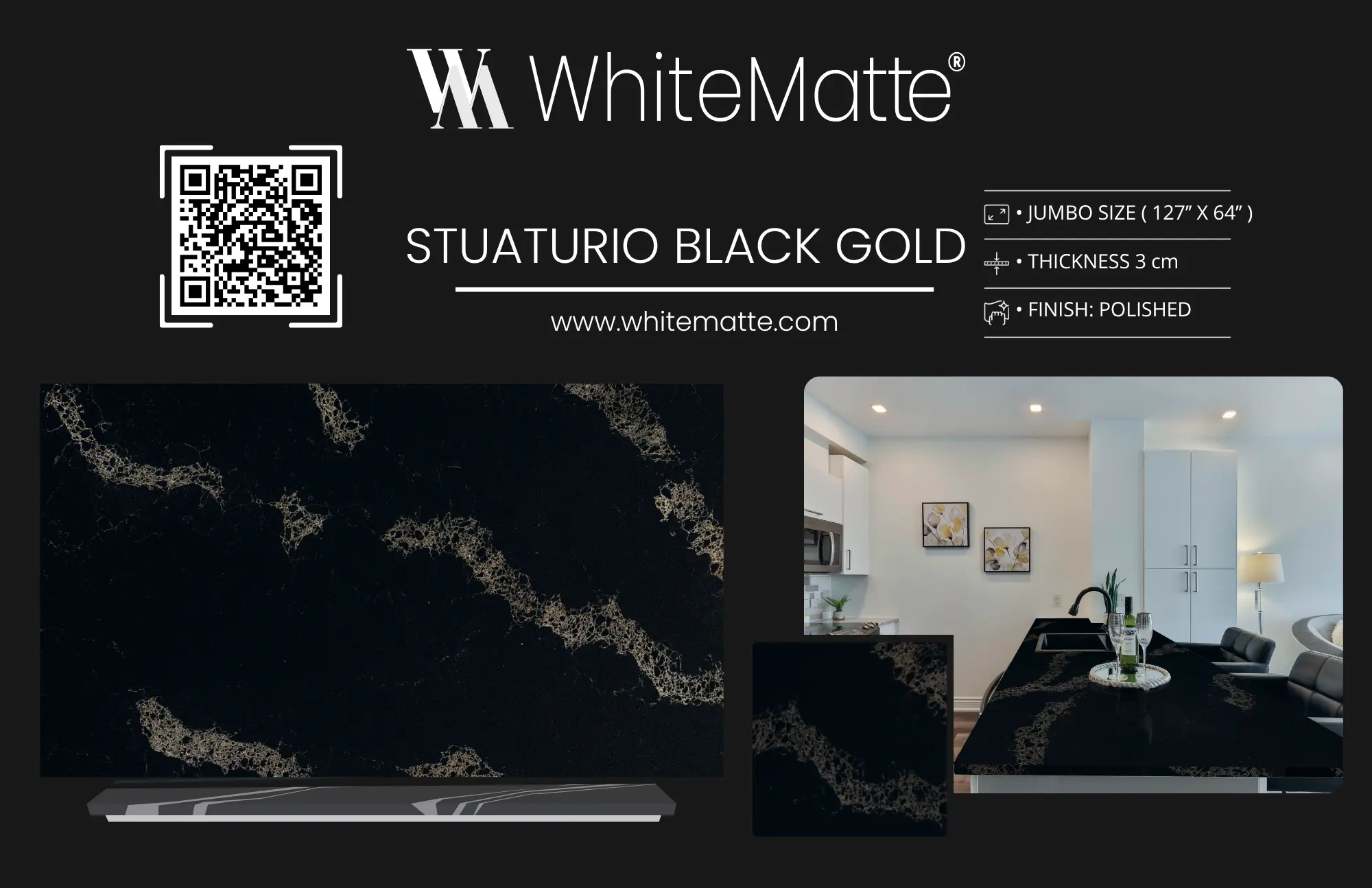 Stuaturio Black Gold countertop slab sample at the Lotus Surfaces showroom in Norcross, GA