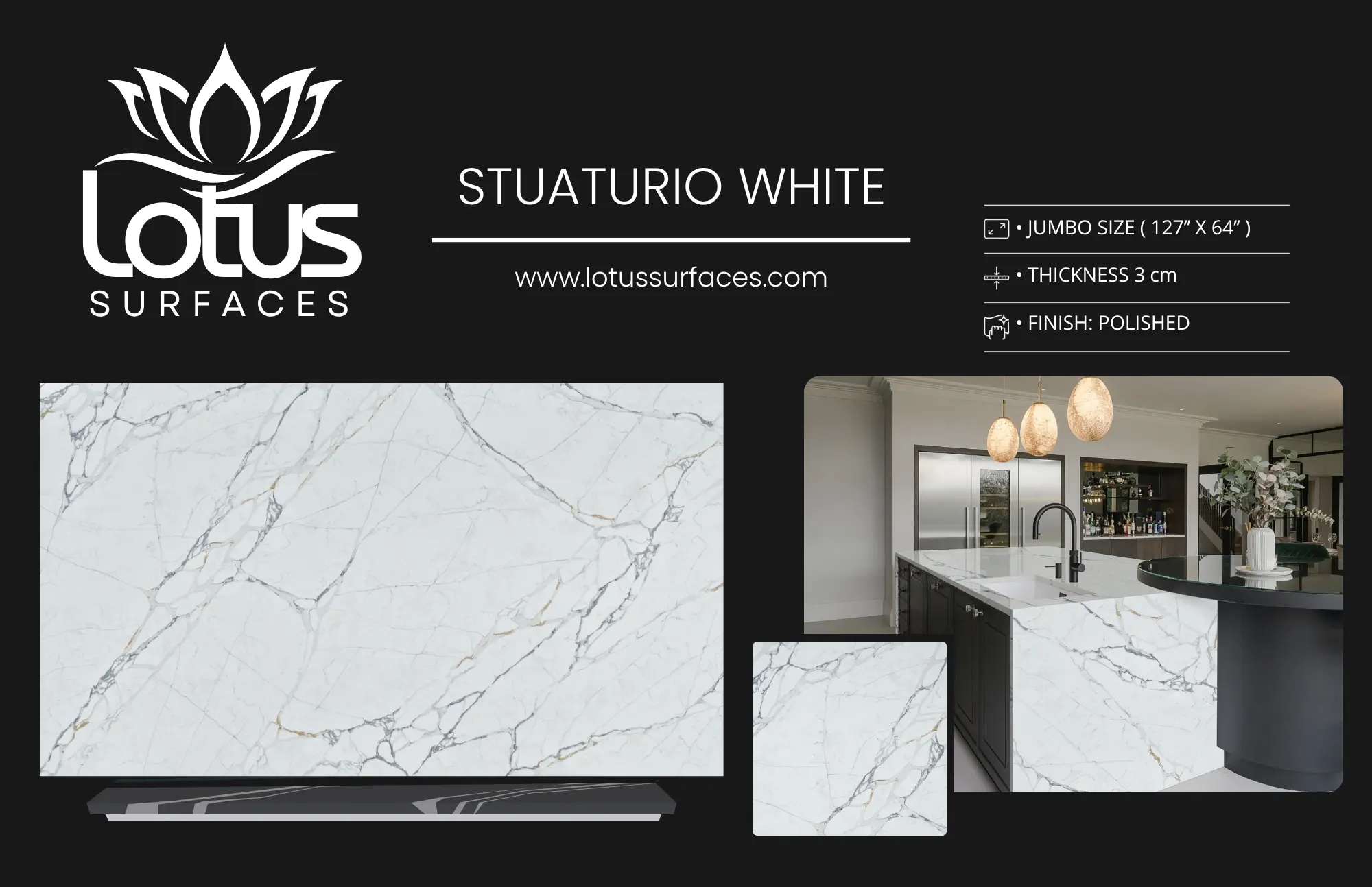 Stuaturio White countertop slab sample at the Lotus Surfaces showroom in Norcross, GA