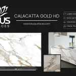 Calacatta Gold HD countertop slab sample at the Lotus Surfaces showroom in Norcross, GA