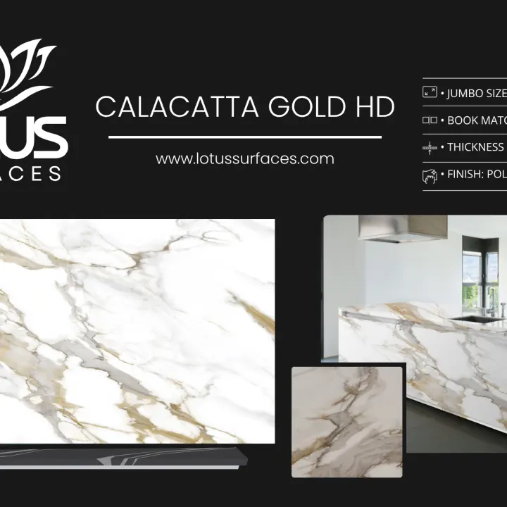 Calacatta Gold HD countertop slab sample at the Lotus Surfaces showroom in Norcross, GA