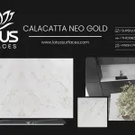 Calacatta Neo Gold countertop slab sample at the Lotus Surfaces showroom in Norcross, GA