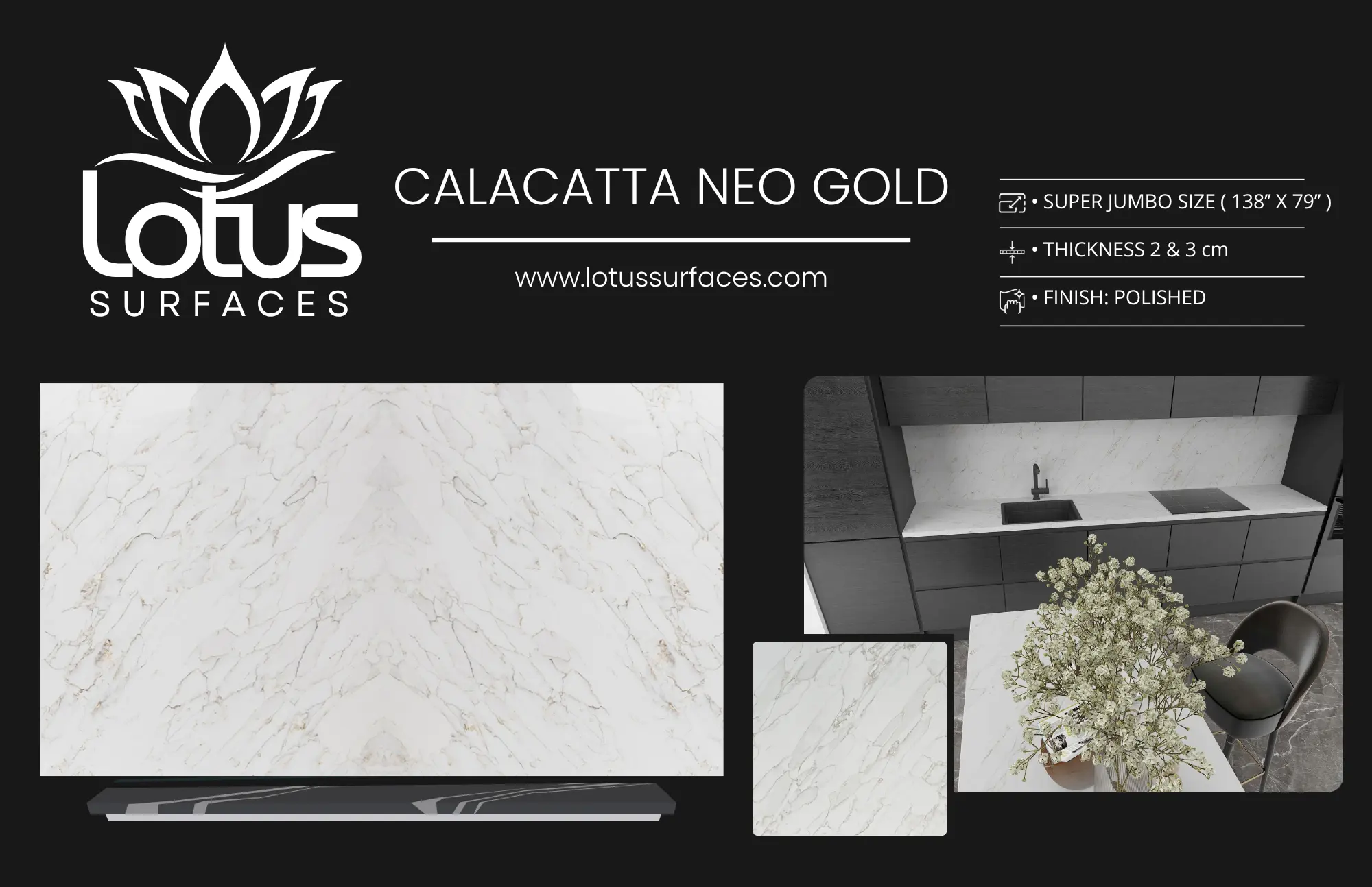 Calacatta Neo Gold countertop slab sample at the Lotus Surfaces showroom in Norcross, GA