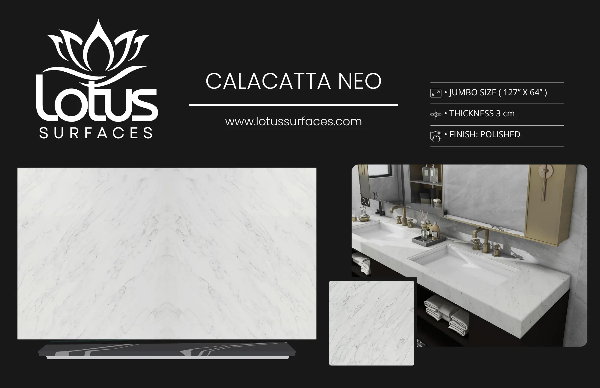 Calacatta Neo countertop slab sample at the Lotus Surfaces showroom in Norcross, GA
