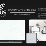 Calacatta Venatino Gold countertop slab sample at the Lotus Surfaces showroom in Norcross, GA