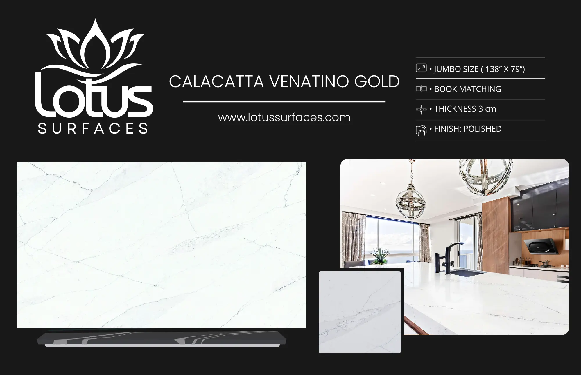 Calacatta Venatino Gold countertop slab sample at the Lotus Surfaces showroom in Norcross, GA