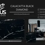 Calacatta Black Diamond countertop slab sample at the Lotus Surfaces showroom in Norcross, GA