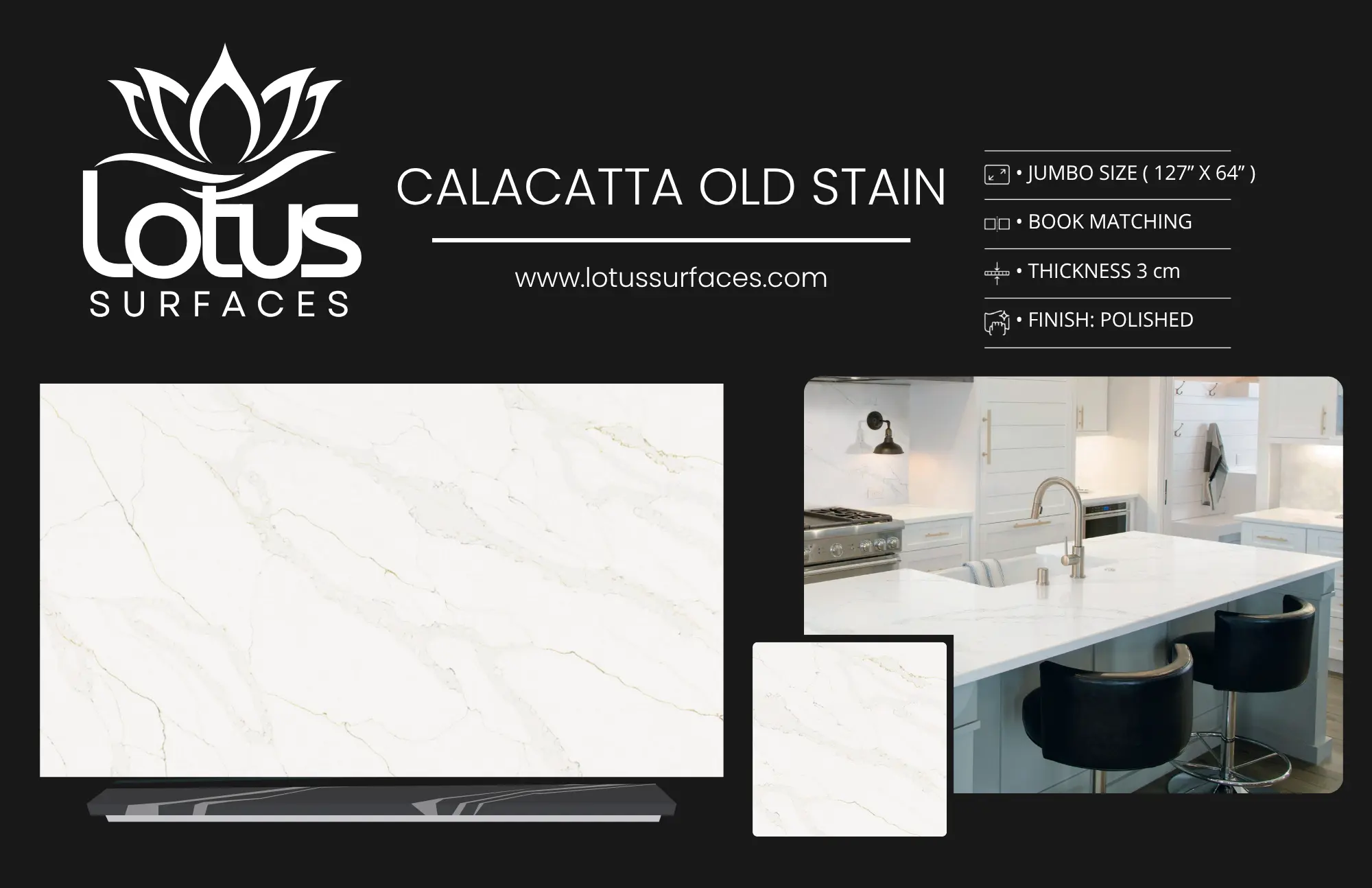 Calacatta Old Stain countertop slab sample at the Lotus Surfaces showroom in Norcross, GA