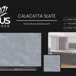 Calacatta Slate countertop slab sample at the Lotus Surfaces showroom in Norcross, GA