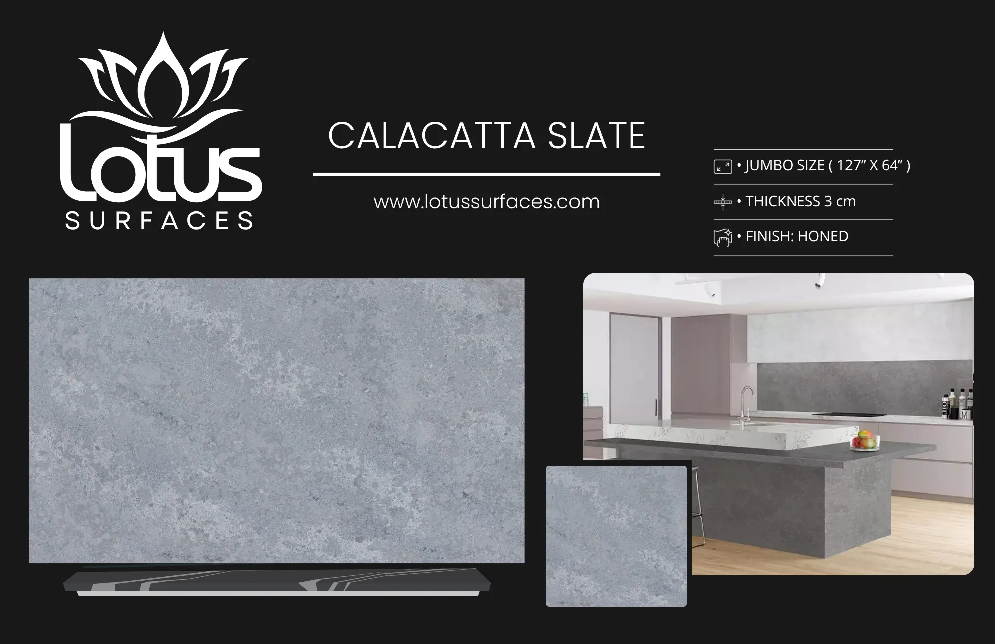Calacatta Slate countertop slab sample at the Lotus Surfaces showroom in Norcross, GA