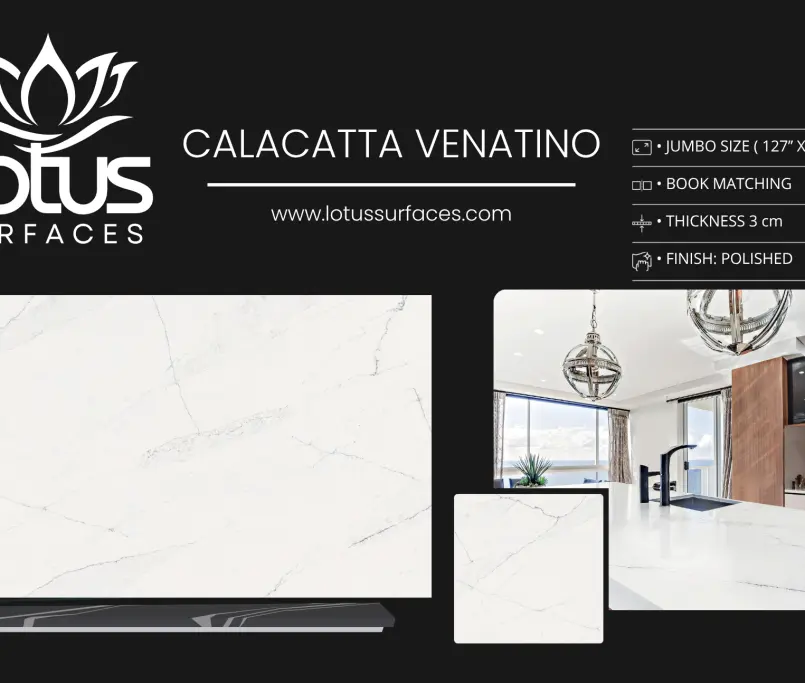 Calacatta Venatino countertop slab sample at the Lotus Surfaces showroom in Norcross, GA