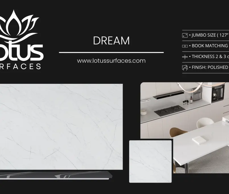 Dream countertop slab sample at the Lotus Surfaces showroom in Norcross, GA