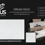 Dream Gold countertop slab sample at the Lotus Surfaces showroom in Norcross, GA