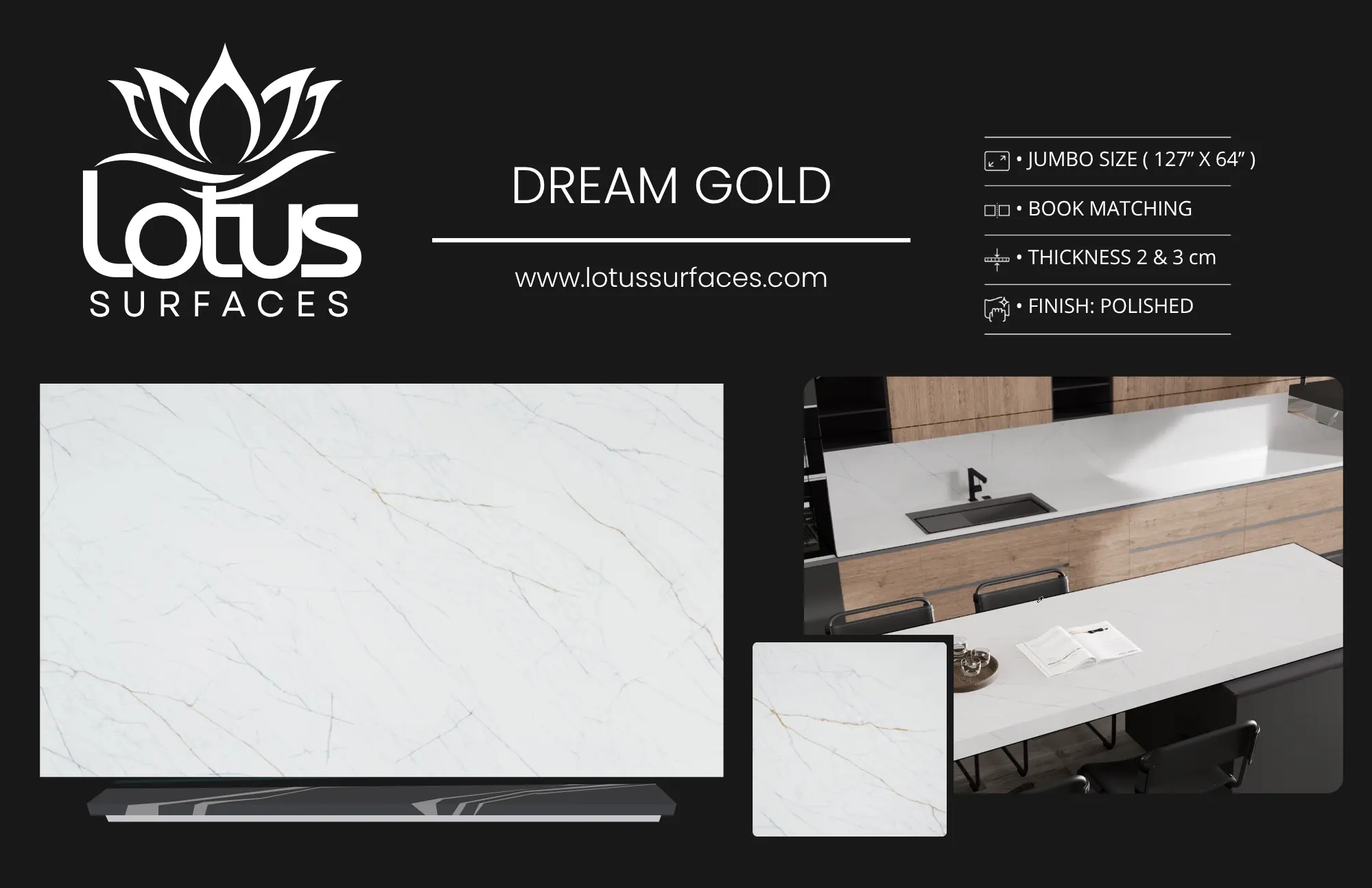 Dream Gold countertop slab sample at the Lotus Surfaces showroom in Norcross, GA
