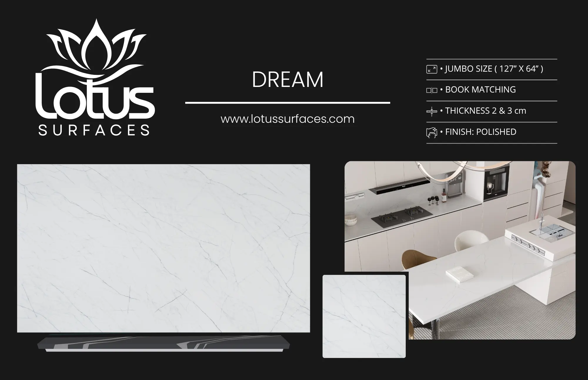 Dream countertop slab sample at the Lotus Surfaces showroom in Norcross, GA