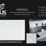 Emerald countertop slab sample at the Lotus Surfaces showroom in Norcross, GA