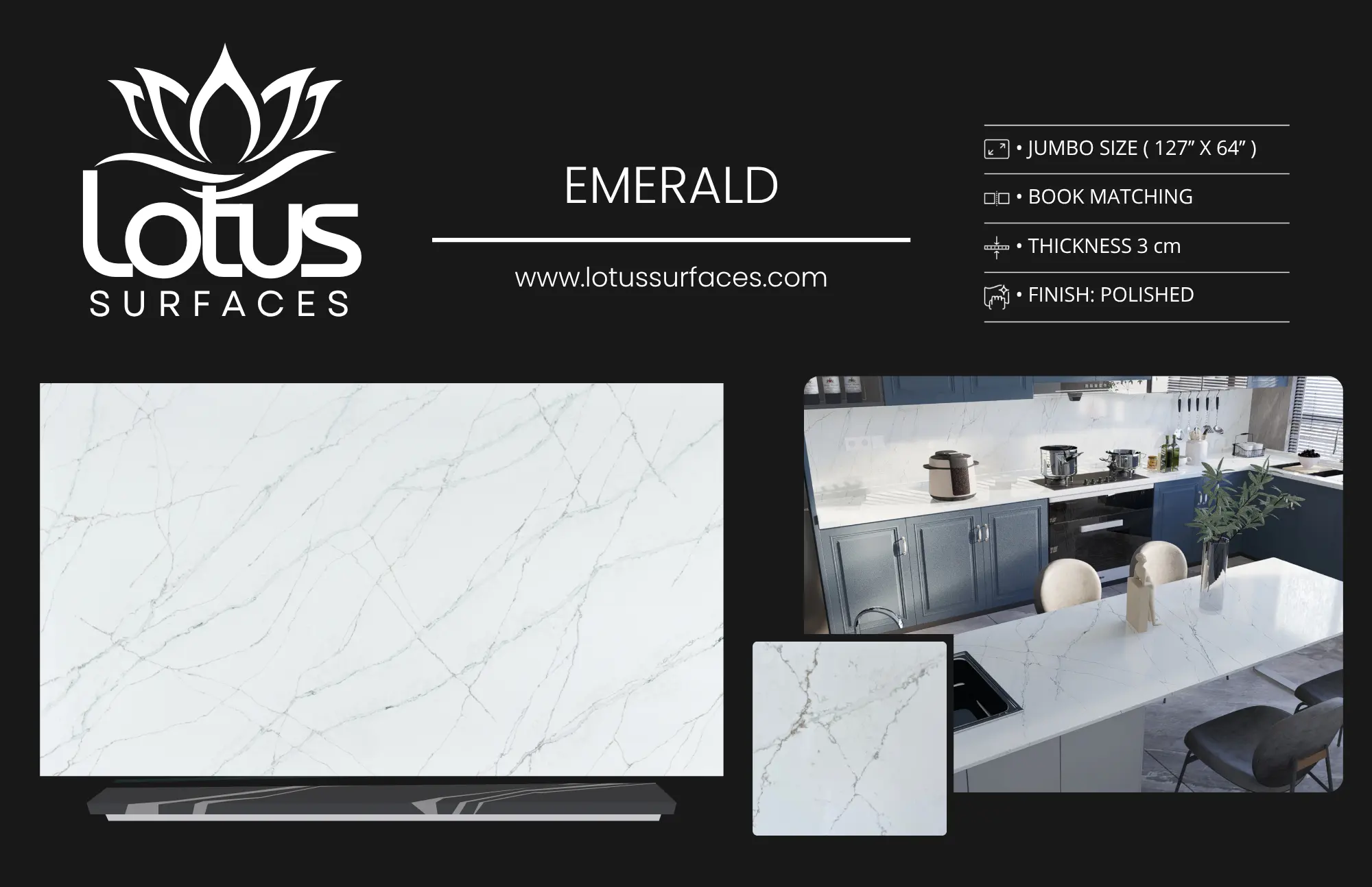 Emerald countertop slab sample at the Lotus Surfaces showroom in Norcross, GA