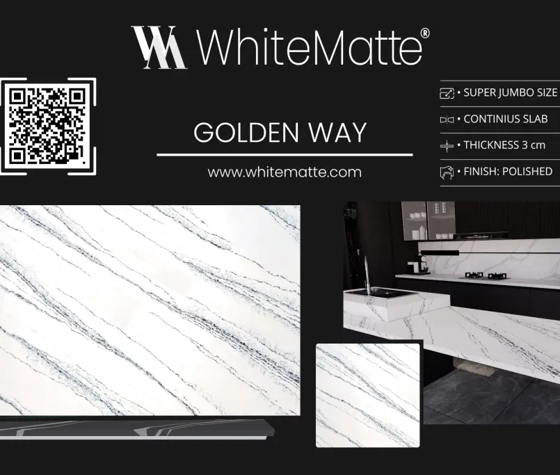 Golden Way countertop slab sample at the Lotus Surfaces showroom in Norcross, GA