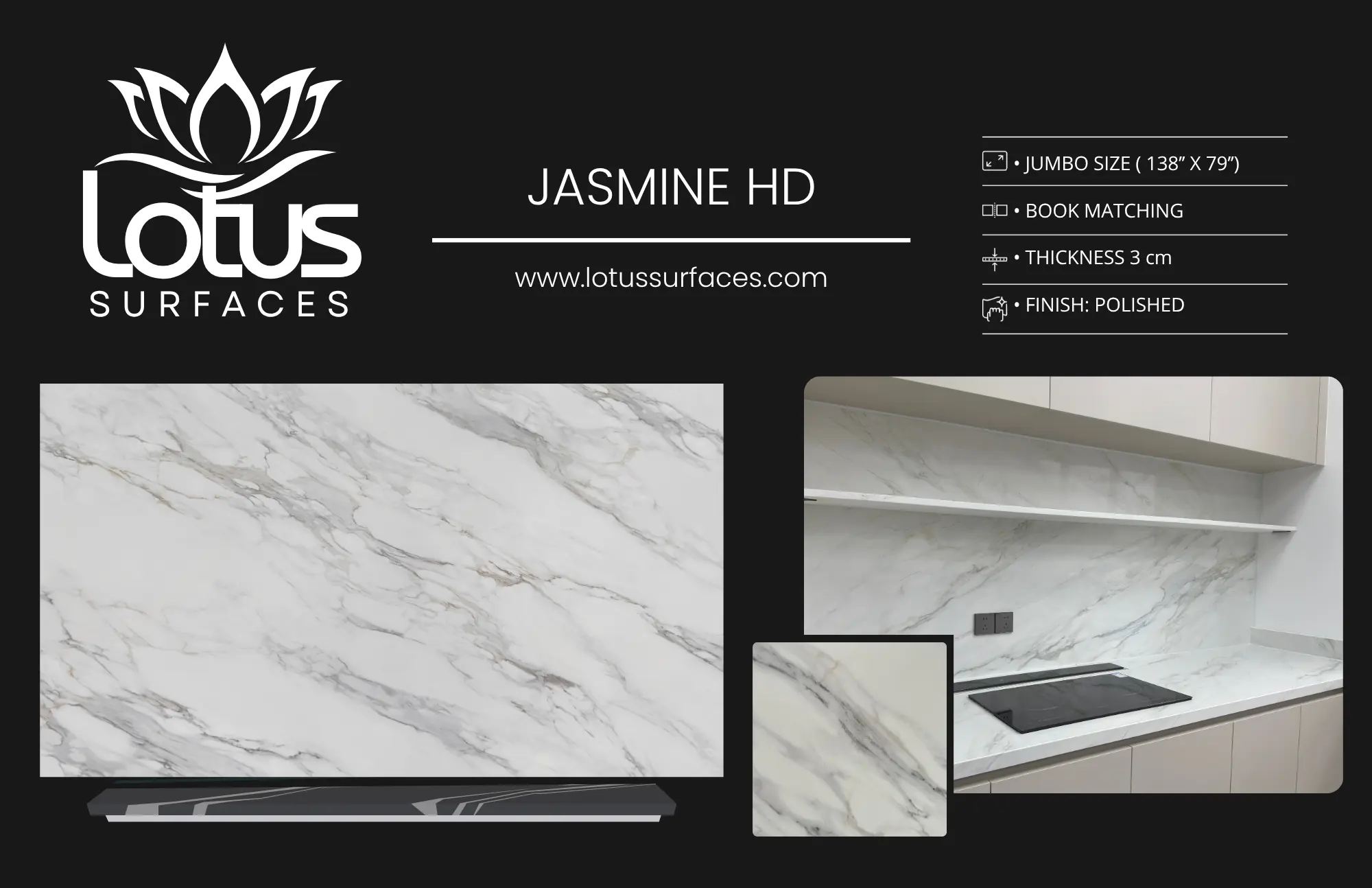 Jasmine HD countertop slab sample at the Lotus Surfaces showroom in Norcross, GA