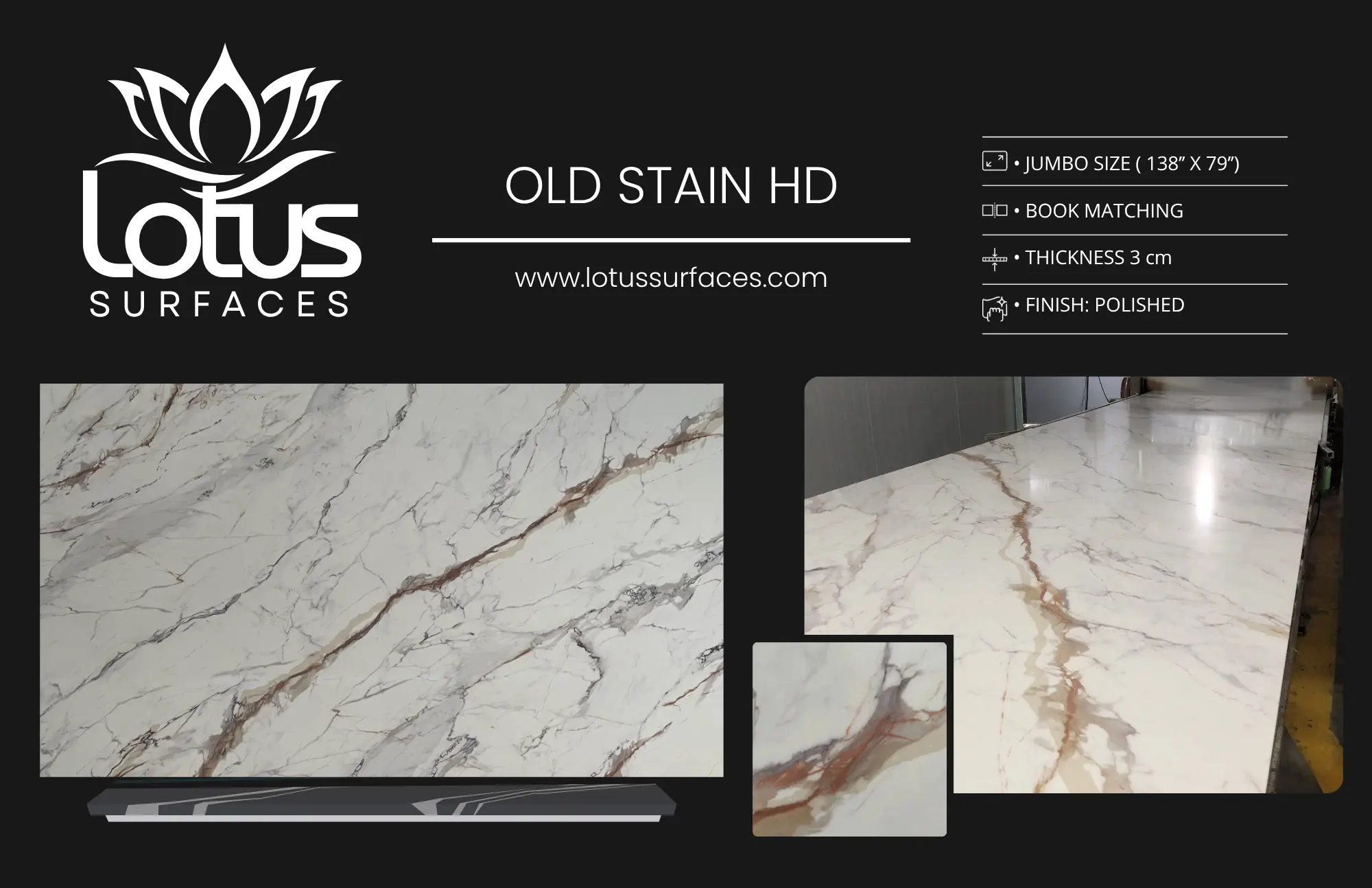 Old Stain HD countertop slab sample at the Lotus Surfaces showroom in Norcross, GA