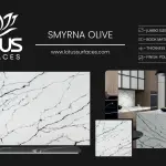 Smyrna Olive countertop slab sample at the Lotus Surfaces showroom in Norcross, GA
