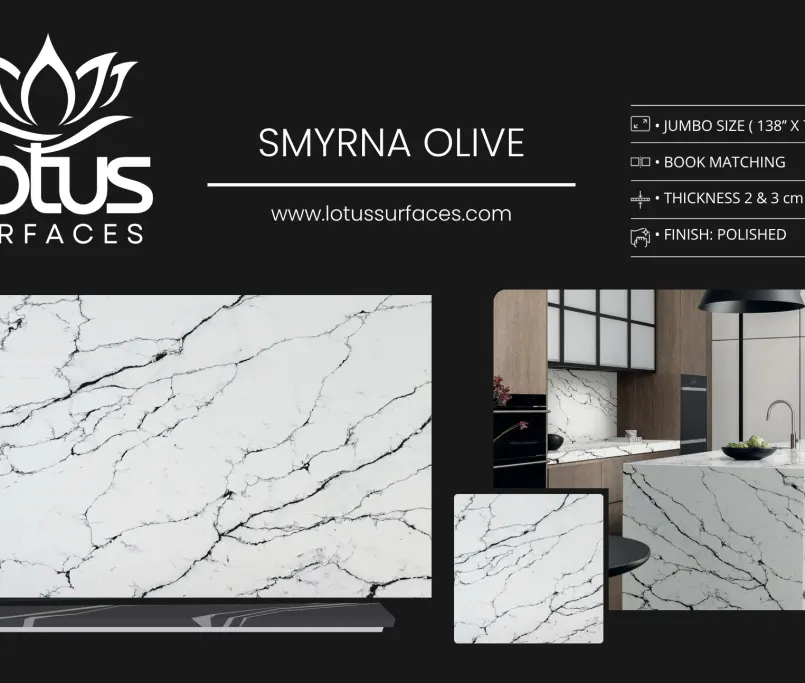 Smyrna Olive countertop slab sample at the Lotus Surfaces showroom in Norcross, GA