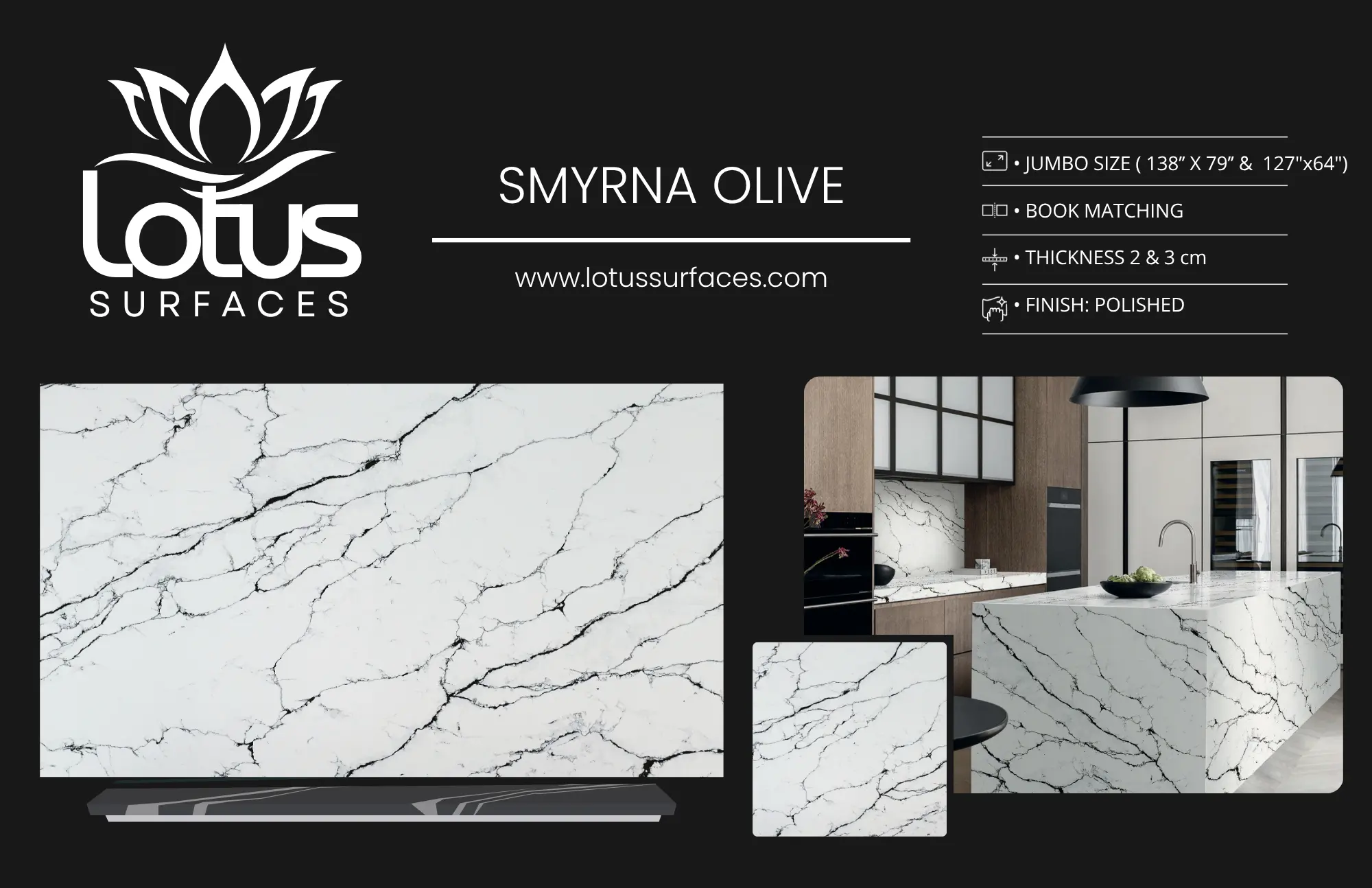 Smyrna Olive countertop slab sample at the Lotus Surfaces showroom in Norcross, GA